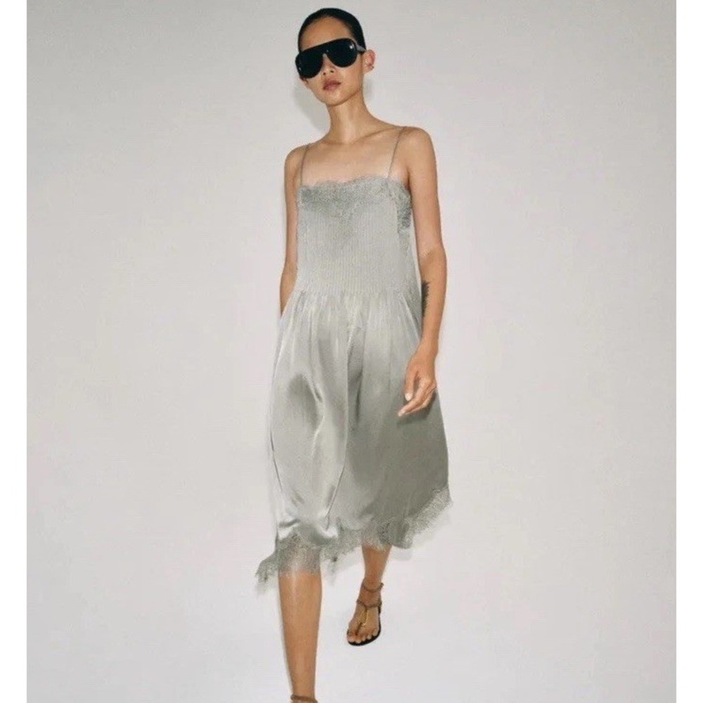 ZARA ZW Collection Lace Midi Slip Dress XS Mid-Gray Victorian Ethereal NWT